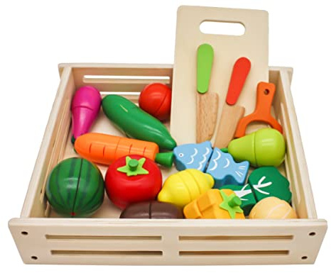 Mamabrum Set di Verdure da Taglio in Legno con Contenitore, Cesto di Frutta e Verdura, Giocattolo Educativo per Bambini, Accessori da Cucina Colorati