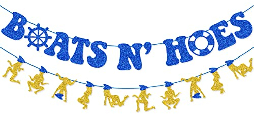 Blue Glitter Boats N Hoes Banner Garland for Anchor Cruise Decorations Nauti Bach Nautical Bachelorette Party Decorations