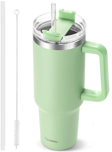 TaroKitc 1.18 l / 40 oz Thermobecher mit Griff und Strohhalm, Doppelwandige Edelstahl-Vakuum-Isolierflasche mit Deckel und Strohhalm, Reisekaffeebecher für Heiß-/Kaltgetränke