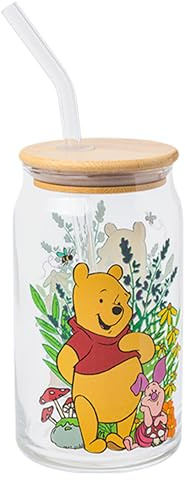 Silver Buffalo Disney Winnie Puuh und Ferkel Garden Glas mit Bambusdeckel und Glasstrohhalm, 473 ml
