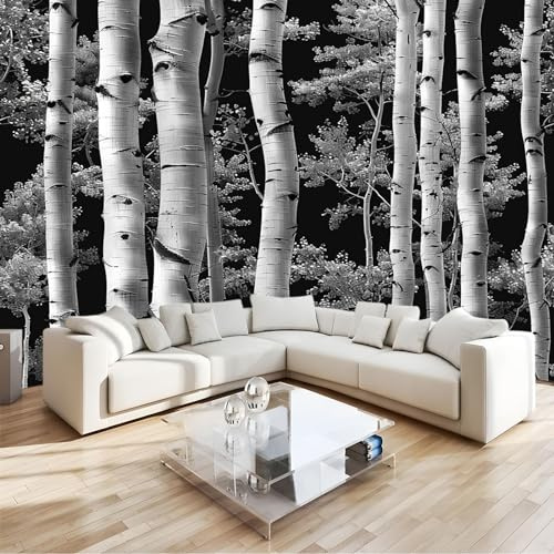 Fototapete Birkenwald 3D Effekt Wand Dekoration - für TV Hintergrund Schlafzimmer Vlies Tapete Vliestapete Wandtapete Motivtapeten Montagefertig (350 x 256 cm)