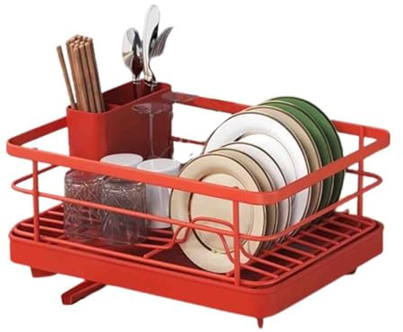 Dish Rack Dish Drying Rack Dish Drainer Over Sink Drainer Draining Rack with Drip Tray Stainless Steel with Cutlery Holder Drainage Removable Cutlery Basket Rotating Spout (Red,40.5x30.5x13cm)
