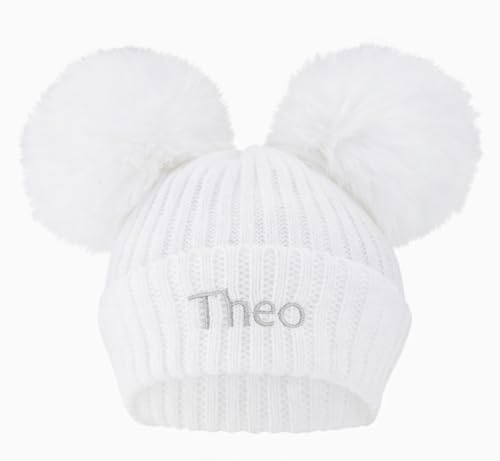 Lobeko Personalised Baby Hat with Double Faux Fur Poms Custom Knitted Winter Hat for Boys & Baby Girls 0–12 Months Soft Warm Beanie 7 Colours Newborn Infant Name on Hat White