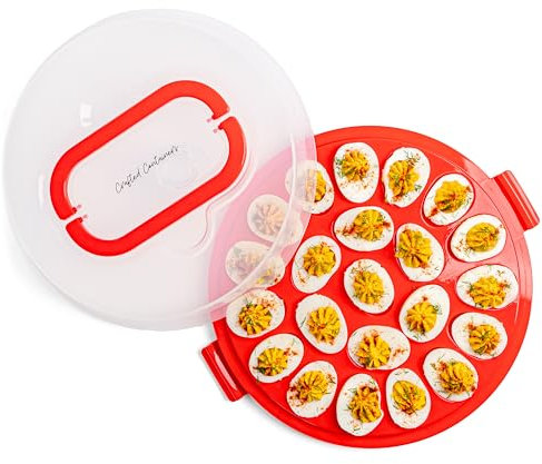 Crafted Containers Deviled Egg Containers with Lid & Handles, 22-Count Portable Carrier, Dishwasher Safe Tray, Refrigerator Storage, High-Capacity Trays Deviled Egg Holder - Red