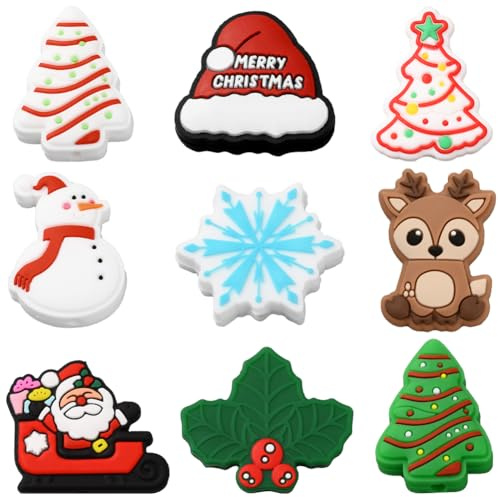 SUNNYCLUE 18 pz 9 stili Perline di Silicone Natalizie Perline Focali per Le Vacanze Alla Rinfusa Rosso Verde Gomma Morbida Personaggio Invernale Pupazzo di Neve Fiocco di Neve Albero Penna Perline per
