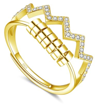 Glintara Anello in argento Sterling 925 per ansia girevole con perline di zirconio, anello aperto regolabile antistress anello di sollievo ansia con scatola di gioielli in argento sterling, Argento