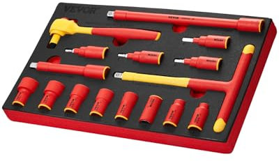 VEVOR Set di Chiavi Isolate 425 x 245 x 62 mm Set di Strumenti per Prese Isolate 16 Pezzi, 1000 V con Prese Isolate, Chiave con Impugnatura a T, Cricchetto, Nero Giallo/Rosso, Riparazioni Domestiche
