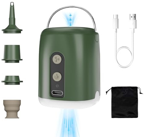 Elektrisk Pump för Uppblåsbara Saker med Tömning och LED-belysning, 1600 mAh Luftpump med 4 Munstycken för Poolleksaker Flöten och Vakuumpåsar, Bärbar för Camping Resor (Armégrön)