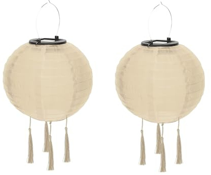 Solar Lampions Außen Wetterfest, Nylon Hänge Laterne (20cm/2pcs/Beige) | Warmweiß, LED Wasserdicht Gartenlaterne, Solarlaterne mit 4 Quaste, Solarlampions für Draußen, Garten, Hof, Hochzeit