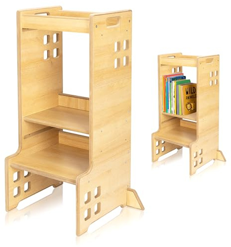 LIONELO Cass Torre Montessori 3 in 1 per Bambini da 1 Anno fino a 30 kg | Aiutante da Cucina, Libreria, Scaffale e Torre di Apprendimento, Struttura Stabile e Sicura