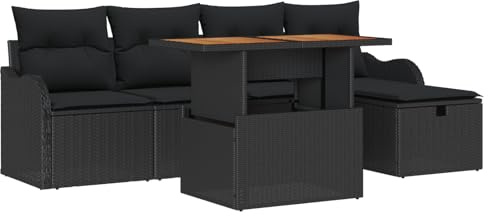 vidaXL Gartensofa-Set mit Kissen 6 pcs Schwarz Poly-Rattan, Garten- und Terrassenmöbel, modernes Sofa, UV-beständige Materialien, höhenverstellbarer Tisch, Lagerfach, Flexibles Lounge-Set