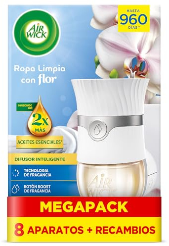 Air Wick Eléctrico Aparato y recambio de ambientador automático eléctrico, con aroma a Ropa Limpia com Flor - 8 Aparatos + 8 Recambios, El embalaje puede variar