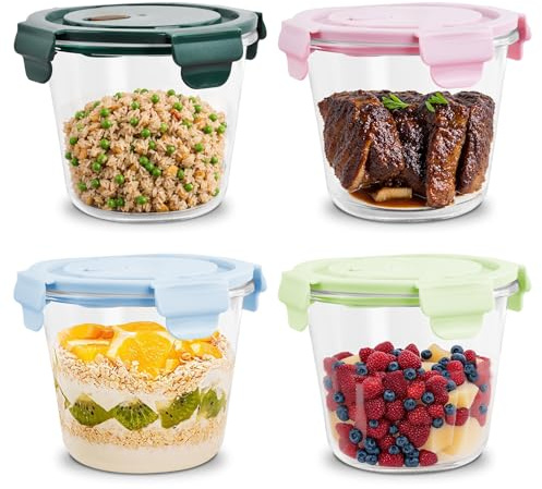 Focenat 4er Glas Suppe Behälter, 710ml Glasbehälter mit luftdichten Lids, Glas Schalen, Glasdose, Meal Prep gläser, Suppenbehälter für Mikrowellen und Kühlschrank