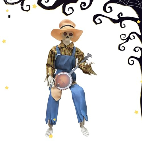 Quorvex Animierte Halloween-Banjo-Skelette, realistisches Banjo-Skelett mit leuchtenden Augen, Halloween-Dekoration, Requisiten, für Urlaub, Garten, Weg, Einzelhandel, Spukhaus