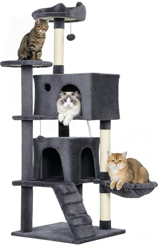 PawHut 140cm Cat Tree for Indoor Use, Multi-Level Cat Tower, Dark Grey | Scratching Posts, Plush Perches & Condos, Large Kitty Activity Centre, Hammock, Ladder, Dangling Balls for Kittens