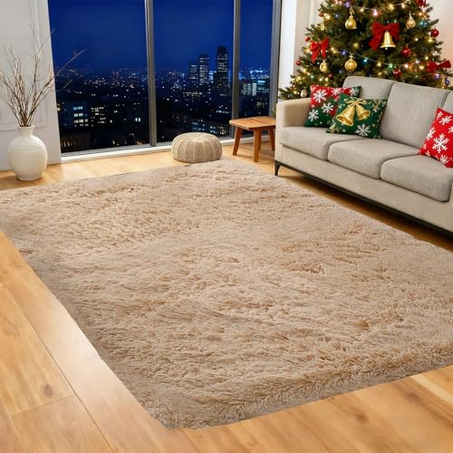 ZXIAOHUI Flauschiger Teppich 70 x 140 cm Anti-Rutsch Unterseite, Flauschig, Super Soft, Moderne Deko, Waschbar, Bettvorleger Schlafzimmer rutschfest, Hochflorteppich, für Schlafzimmer, Beige