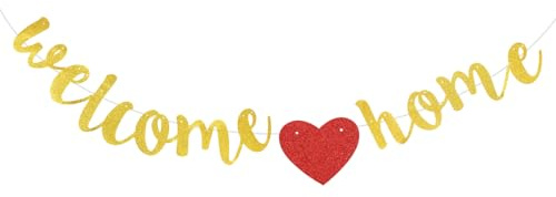 Welcome Home Deko Gold,Herzlich Willkommen Zuhause Girlande,Gliter Welcome Home Girlande Willkommen Zuhause Banner Willkommensbanner für Rückkehr Familienfeiern Einzug Schule Saison Partydeko
