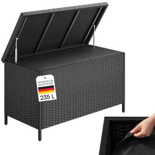 STEELSØN Serion Gartenbox 110 cm breit, Schwarz, aus Rattan, wetterfest | Outdoor Auflagenbox 110x55x60 cm, Aufbewahrungsbox mit klappbarem Deckel, Gartenkiste mit Stahlgestell, Kissenbox, Truhe