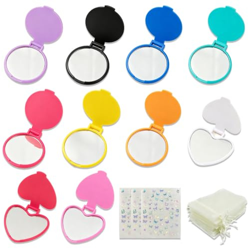 Piacolnic 10 Stück Taschenspiegel Klappbar, Mehrfarbiger Tragbarer Taschenspiegel Faltbar, Doppelseitiger Kleiner Taschen-Spiegel und Mini Spiegel mit Tasche für Alltag Reisen Frauen Mädchen