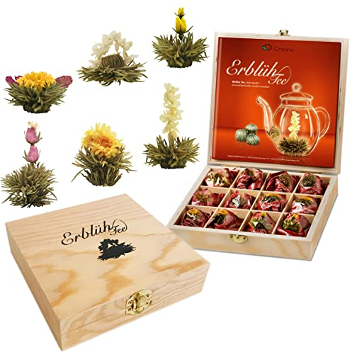 Creano Coffret Cadeau Fleurs de Thé dans une Boîte à Thé en Bois | 12 Thés Fleuris dans 6 Sortes de Thé blanc