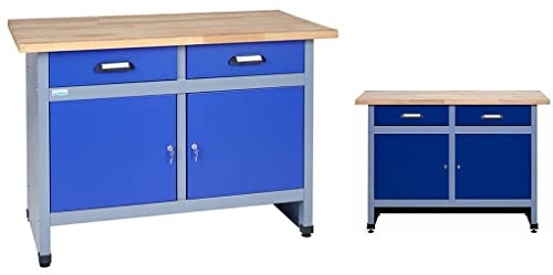 Küpper Werkbank 12057 ultramarinblau, 120x84x60cm, 2 Schubladen, 2 Türen, 300 kg Traglast, 30 mm massive Buchenarbeitsplatte