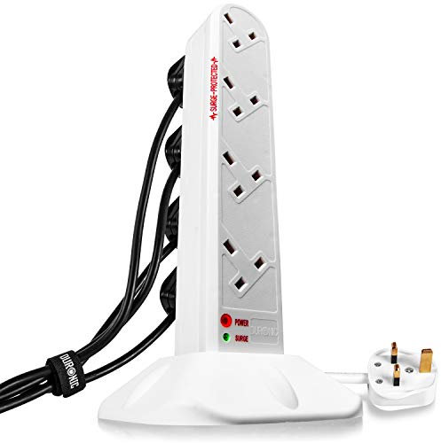 Duronic Surge Protected Extension Lead ST8W Tower Extension Leads with USB Multiplug Adapter Cord for UK Plugs 8 Way with 2x USB Slots and 1x USB-C Slot Long White Power Cords Multi Outlet Socket