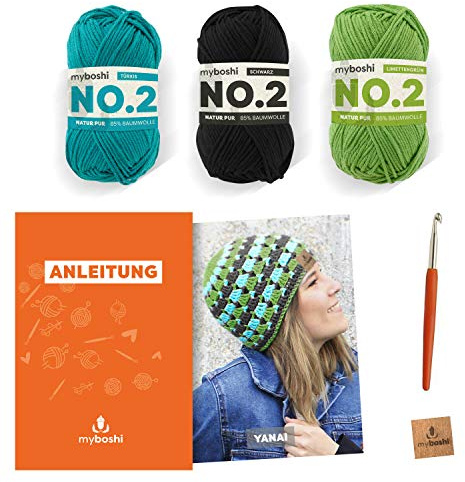 myboshi Häkelset Mütze Yanai, inkl. No.2 Wolle, Nadel und Anleitung, Sommermütze, Häkelpaket, 85% Baumwolle, 15% Kapok Grün, mit Häkelnadel