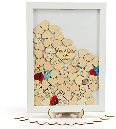 Hochzeit Gästebuch Alternative, weiß lackiert, personalisierbar mit Wunschgravur, mit 70 Holzherzen zum Beschriften, Made in Germany