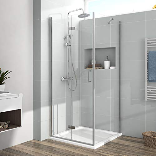 EMKE Duschkabine 100 x 80 x 195cm Eckeinstieg Duschabtrennung Duschwand Falttür Dusche 180º Klappbar Duschtür mit Seitenwand 80cm 6mm Sicherheitsglas mit Nano Beschichtung Komplettdusche