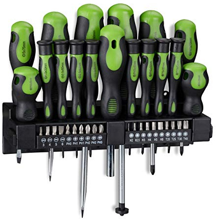 Relaxdays Set Destornilladores, Juego Herramientas de 37 Piezas, Cruz y Ranura, incl. Puntas, Soporte Pared, Negro/Verde