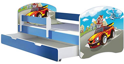 ACMA Kinderbett 160x80 cm Blau mit Bettkasten, Matratze & Lattenrost – Jugendbett mit Rausfallschutz, personalisiertes Motiv 03 Racing Car, Kinderzimmer, belastbar bis 120 kg