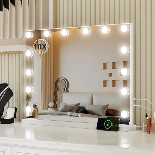 Hollywood Vanity Mirror with Lights, 50x40cm Lighted Makeup Mirror with 14 Dimmable LED Bulbs and 3 Lighting Modes, 10x Magnification, USB Ports, Tabletop or Wall Mounted, Dressing Table Mirror