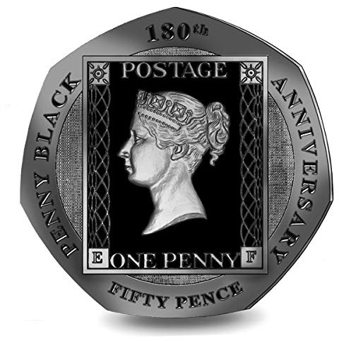 U-Coins Gibraltar - 180th Anniversary of the Penny Black Stamp - 2020 Uncirculated Cupro Nickel Diamond Finish 50p with Pearl Black Finish with Airtile Capsule Holder in a pouch wallet