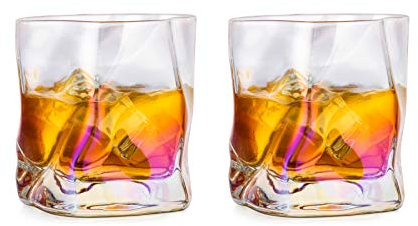 Glasseam Bicchieri da Whisky Irregolari Set di 2 Bicchieri da Scotch con Pieghe Inclinate Bicchiere da Whisky alla Moda 250Ml per papà, Marito, Amici, Bicchieri per Bicchiere da Bourbon/Rum/Bar