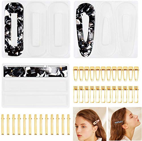 VEGCOO Lot de 39 moules en silicone pour pinces à cheveux en résine - Outils de moulage en épingle à cheveux - Fabrication de bijoux