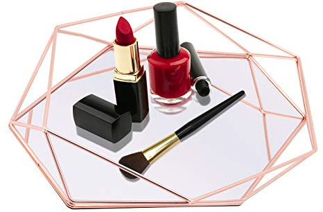 Organizer für kosmetische Tabletts, verspiegeltes Make-up-Tablett aus Polygonglas, dekoratives Metalltablett für Waschtische, Kommode, Badezimmer, Schlafzimmer (Roségold)