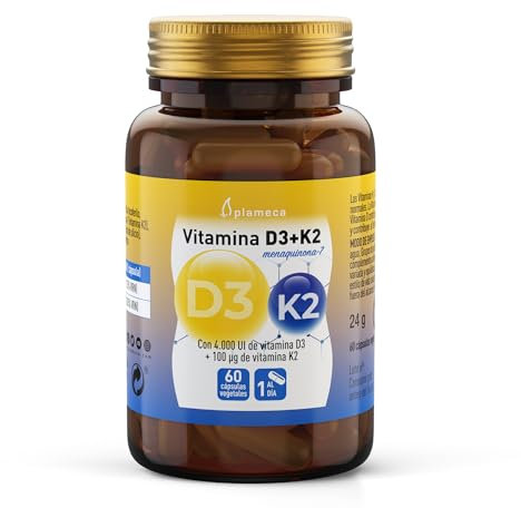 PLAMECA Vitamina D3 + K2 Huesos Fuertes y Sanos, con Vitamina D3 y K2, 60 Cápsulas Vegetales