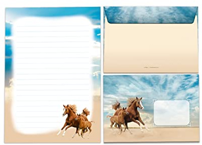 JuNa-Experten Briefpapier-Set Briefblock A5 mit Umschlägen Kindermotiv zwei Pferde für Mädchen (Liniert, Weiß, 25 Blätter + 15 Umschläge)