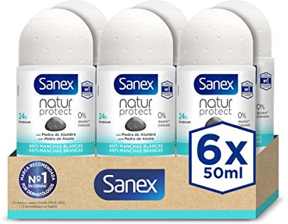 Sanex Natur Protect Desodorante Roll-On, Pack 6 Uds x 50ml, Protección 24H Contra el Mal Olor, con Piedra de Alumbre, 0% Alcohol, Sin Alérgenos ni Colorantes, Antitranspirante, Anti Manchas Blancas