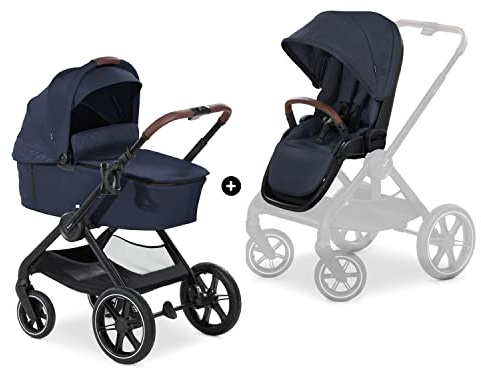 hauck 2in1 Kinderwagen mit Gummireifen Walk N Care Set ab Geburt bis 22 kg + 3 kg Korb, Wanne mit Memory-Knöpfen, Sitz mit Liegefunktion Wendbar Höhenverstellbar, Teleskopgriff (Dark Navy Blue)
