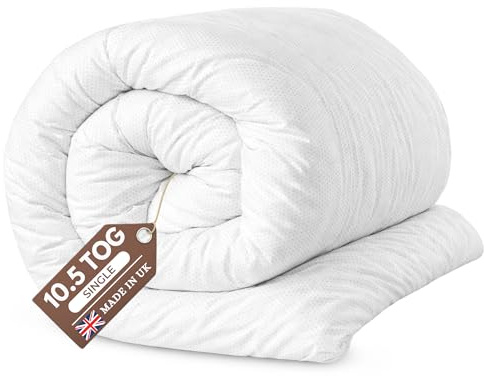 Quality Beddings Single Duvet 10.5 Tog | Breathable Duvets for All Year Round Comfort | Anti-allergy Duvet with Hollowfibre Filling | Hypoallergenic Made in UK Quilt (Single, 135x200cm)