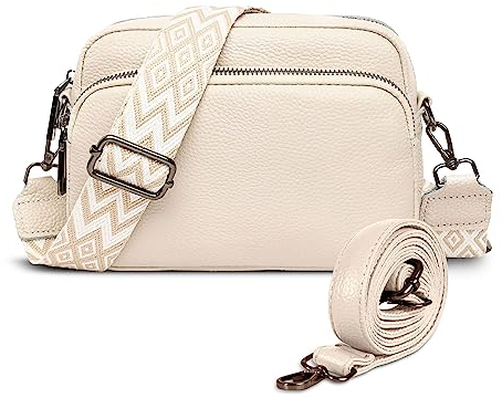 Paquesta Leder UmhäNgetasche Damen Schwarz Crossbody Bag Breiter Gurt Klein UmhäNgetasche mit 2 Breitem Schultergurt Crossbag Shoulder Women Damen-Schultertaschen Crossover (cremefarben)