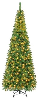 LIFEZEAL Matita per albero di Natale, albero artificiale LED bianco caldo, aghi in PVC, pieghevole e supporto metallo, verde (225 cm)