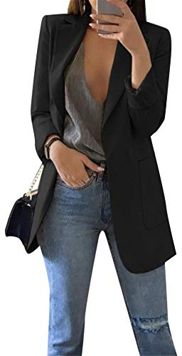 OMZIN Lady Open Front Lapel Collar Office Jacket Casual for Women Boyfriend Pockets Multipurpose Blazer Black XL