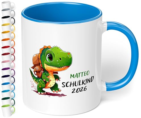 Geschenk zur Einschulung für Jungen: T-Rex Kinder-Tasse „Schulkind 2026“ - mit DINO-Motiv - personalisiert mit Namen Erstklässler - kleines Geschenk für Schüler 1. Klasse, Cambridge Blau