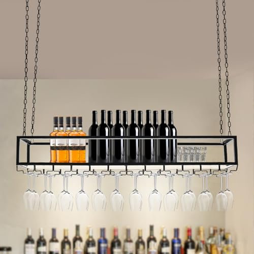 Hängendes Weinglashalter, Gläserhalter mit Glashalter und Regal, für Alle Gläser mit Einem Durchmesser von 4-9cm, Verstellbarer Industrieller Hängender Weinglasregal, 120 x 25 x 22cm (Schwarz 120cm)