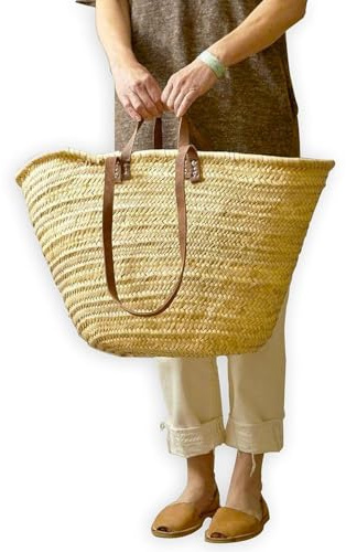 French Market Basket with Double Flat Leather Handles – Large, Tan Brown Moroccan Straw Tote for Beach & Shopping