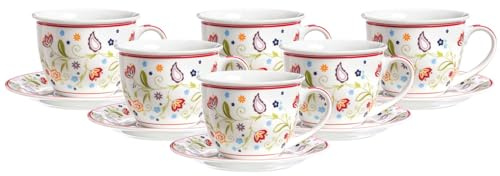 Ritzenhoff & Breker Shanti Café au Lait Lot de 6 tasses avec soucoupes, tasses à café au lait et soucoupes à café au lait avec décor floral en porcelaine, multicolore, 350 ml