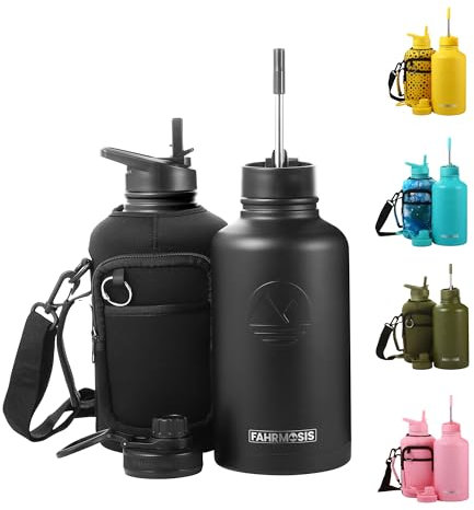 FAHRMOSIS 64 Oz Insulated Water Bottle with Strap Stainless Steel Sports Water Bottle with 3 Lids (Straw, Chug and Flip Lid) Leak Proof Metal Half Gallon Jug for Men & Women - Black