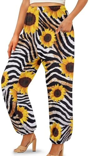 Suobstales Sunflower Stripe Print Harem Pants for Women Girls Ladies Casual Yoga Pants Sweatpants with Pockets Soft Tai Chi Pants Baggy Loose Bloomer Pants, Size L